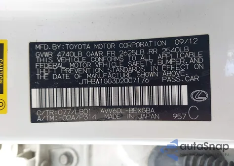 2013 Lexus Es 300H from USA, damaged, VIN JTHBW1GG3D2007176